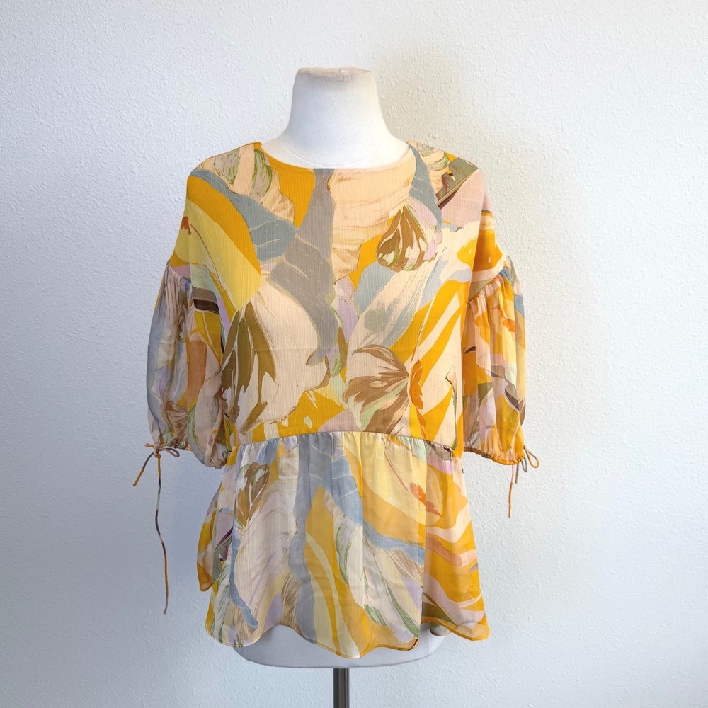 Ted Baker Yellow Darcila Blouse Womens 3 Puff Sleeve Coastal Resort Vacation‎